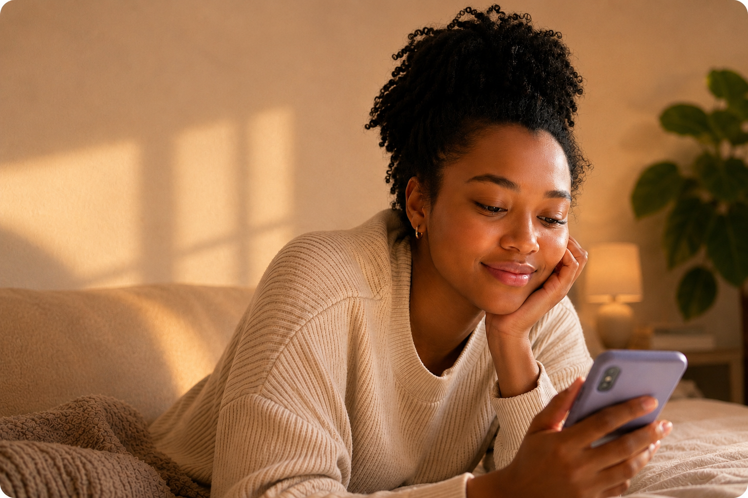 A young woman resting on her sofa in warm afternoon light, quietly looking at her phone.